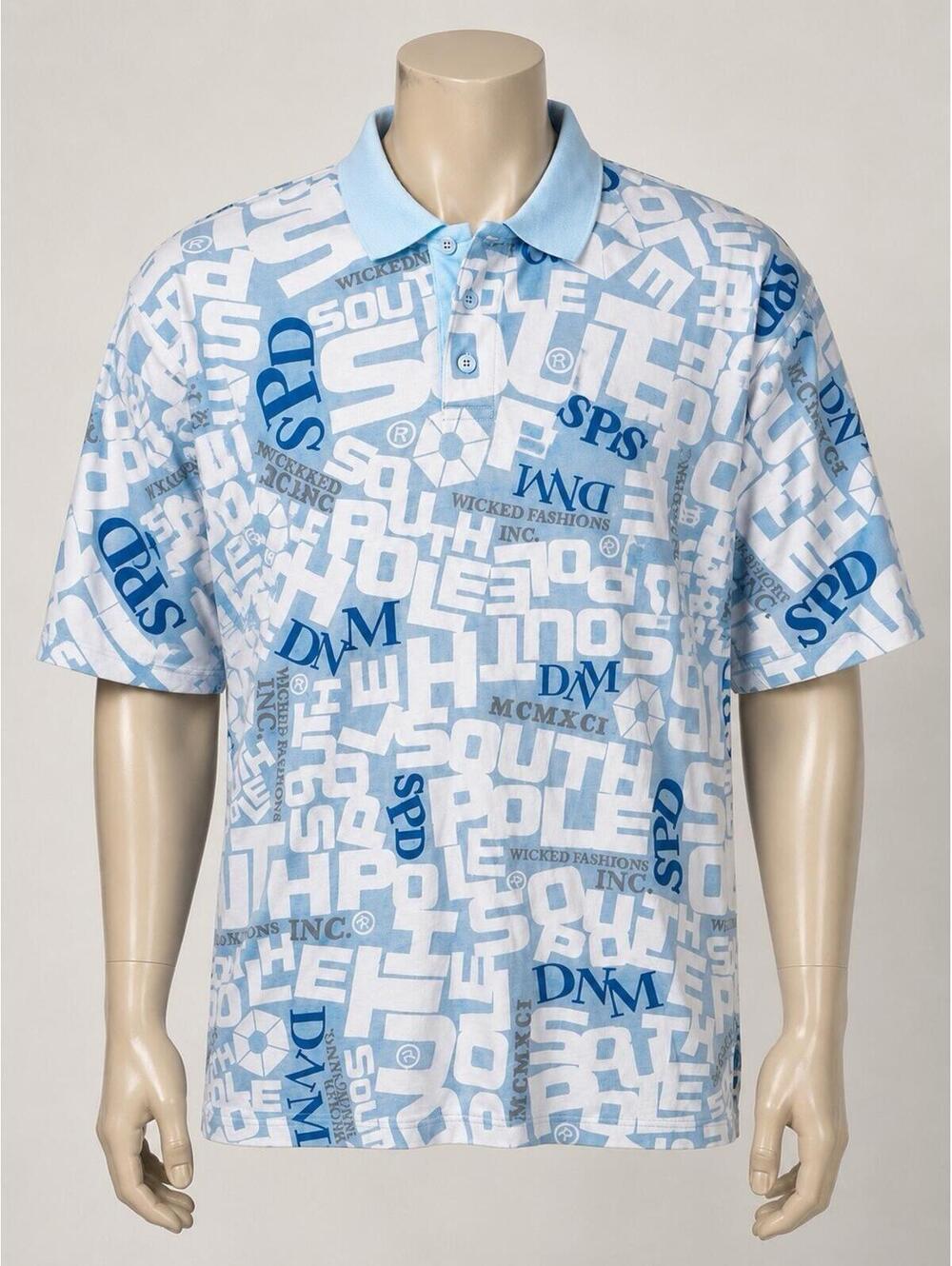 Y2K South Pole Polo Shirt Mens XL Blue White All Over Logo Print Streetwear